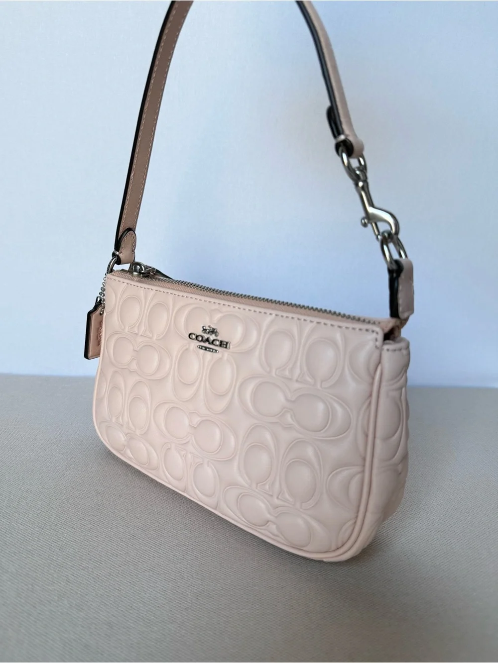 NWT Coach Nolita 19 In Signature Leather Small Bag Silver/Blush pink CZ456